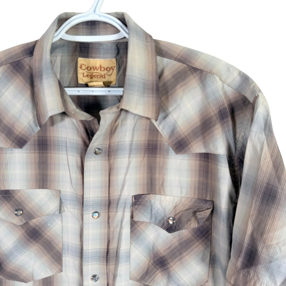 Cowboy Legend Pearl Snap Western Shirt Mens XL Brown Plaid Stretch Short Sleeve